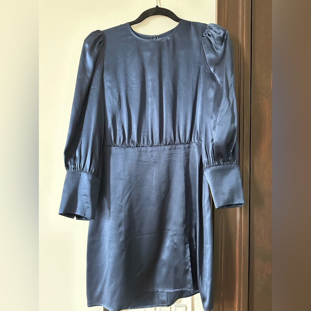 Reformation Navy Blue Satin Mini Dress Long Sleeved